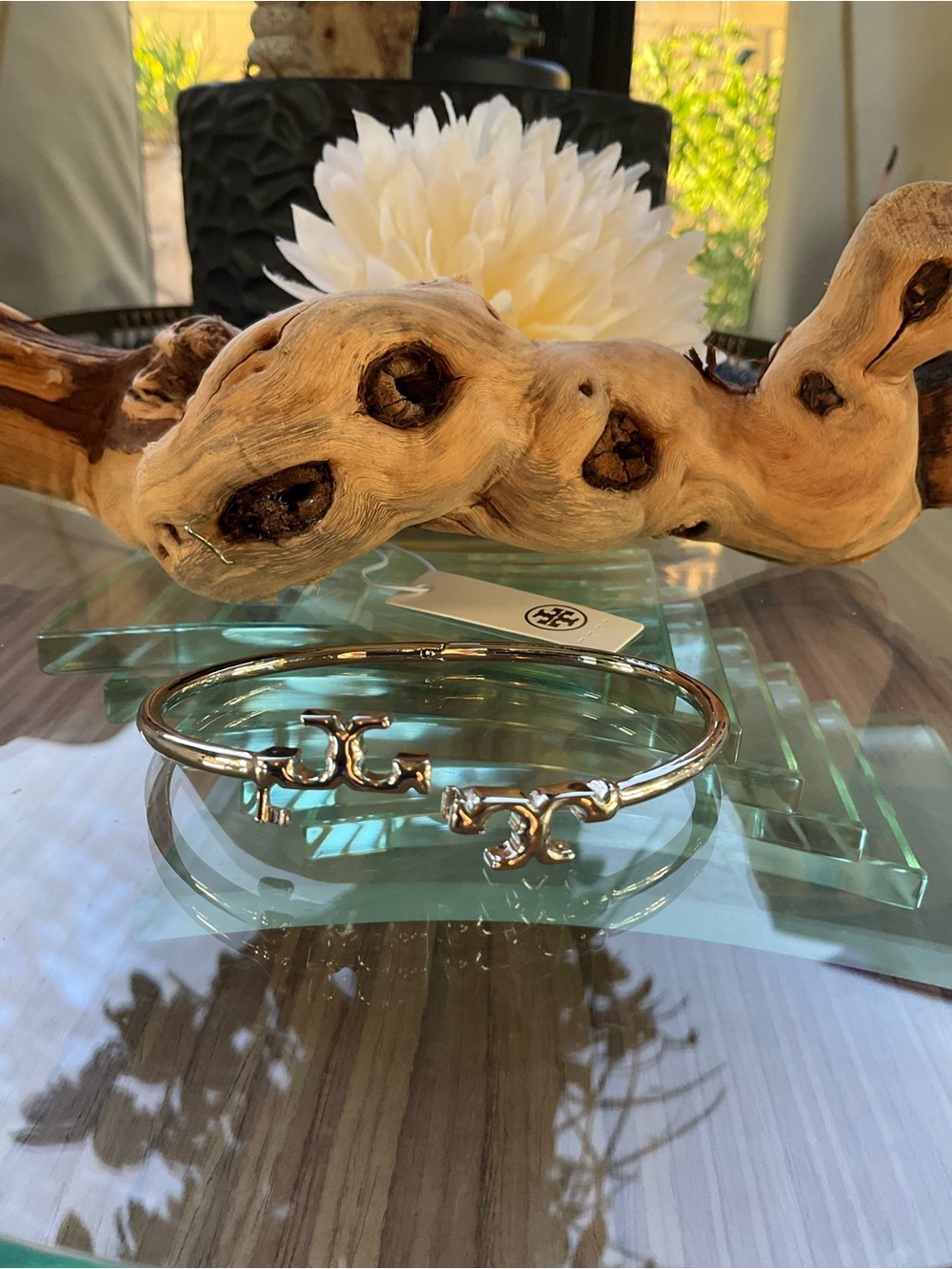 Tory Burch Shiny Silver Tone Double Logo Bracelet